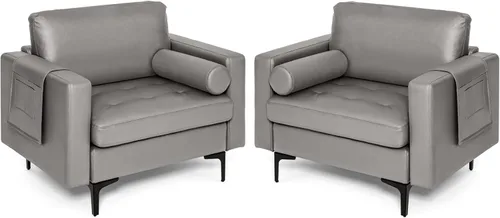 Vista 11 de Giantex Sofá individual, silla decorativa, sillón con cojín cómodo, bolsillos para revistas, sala de estar, silla de ocio tapizada para dormitorio
