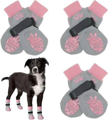 Vista 24 de BEAUTYZOO Calcetines antideslizantes para perros, zapatos de perro para pavimento frío/caliente, protectores de patas con empuñaduras, 3 pares