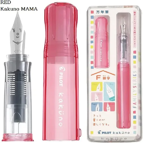 Vista 2 de Pilot - Pluma estilográfica Kakuno Family Series Kakuno Mama, punta fina roja transparente FKA-1SR-KMR-F con adhesivo Kanji LOVE de 5.15 x 0.59 x