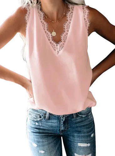 Vista 16 de BLENCOT Camiseta sin mangas con cuello en V para mujer, blusa de encaje, chaleco casual, camisola de verano Albaricoque