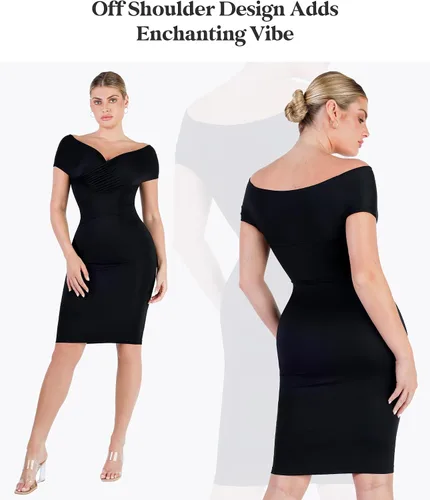 Vista 5 de Popilush Vestido moldeador con faja moldeadora integrada con hombros descubiertos, cuello en V, fruncido, entallado, vestido midi para fiesta, club
