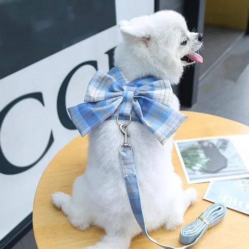 Vista 14 de Juego de arnés y correa para perro, lindo arnés a cuadros con pajarita para cachorro y gato, chaleco ajustable para gatitos para mascotas, arnés