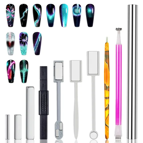 Vista 10 de 11 imanes de uñas, imanes de ojo de gato para uñas, barra magnética de esmalte de uñas, kit de diseño de uñas 3D, esmalte de gel magnético