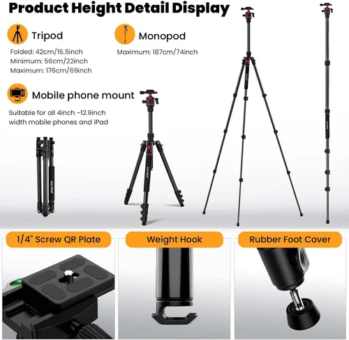 Vista 2 de MACTREM Trípode para cámara, trípode de viaje de aluminio de 67 pulgadas/172cm y monopie con cabeza de bola de 360°, soporte ligero para cámara