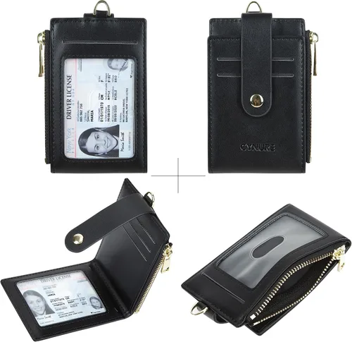 Vista 3 de Tarjetero de cuero para mujer, con bloqueo RFID, delgado y pequeño, con cremallera, llavero, bolsillo frontal, con 2 ventanas para identificación
