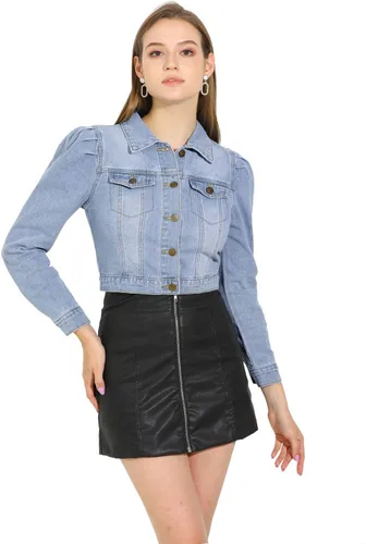 Vista 3 de Allegra K Chaquetas de mezclilla lavadas con botones y manga abombada para mujer