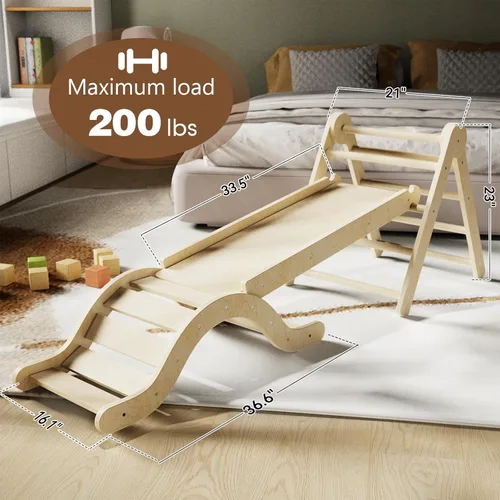 Vista 12 de doowroodni Juego de triángulo Pikler 7en1 Juguetes de escalada para niños pequeños de interior Juguetes de escalada plegables para bebés de madera