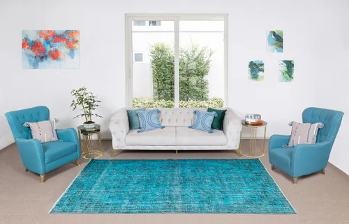 Vista 2 de 6.3x10 Ft Handmade Vintage Turkish Rug Over-Dyed in Teal for Modern