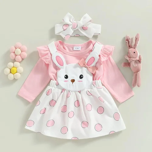 Vista 2 de KOSUSANILL Disfraz de Pascua para bebé niña con volantes de manga larga y falda con tirantes de conejo, vestido geométrico, mi primer traje de Pascua