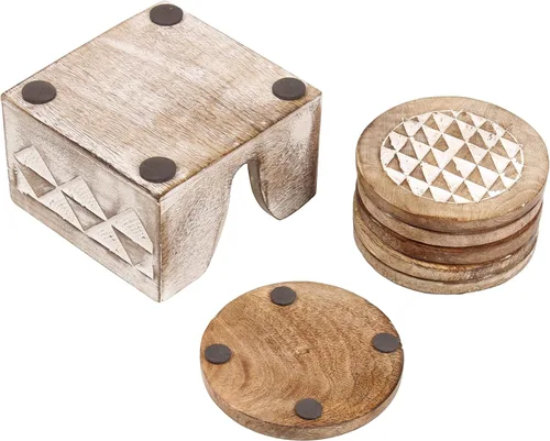Vista 5 de Juego de 6 posavasos de madera blanqueada con soporte, posavasos rústicos para tazas de café, tazas de té y vasos, juego de posavasos de madera