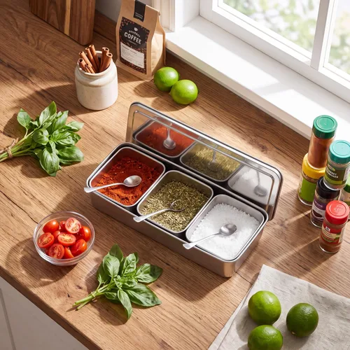 Vista 5 de Servidor de condimentos, tarro de condimentos de acero inoxidable de grado alimenticio de 21 onzas con cuchara y tapa, 3 compartimentos extraíbles