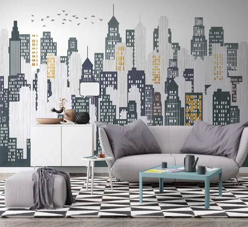Vista 2 de Murwall City Wallpaper Watercolor Cityscape Wall Mural City Silhouette Wall Mural Modern Home Decor
