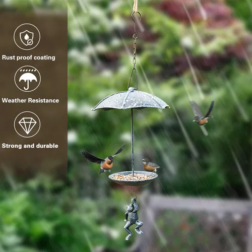 Vista 8 de Sungmor Comedero decorativo colgante para pájaros, baño de pájaros de hierro fundido impermeable, diseño único de paracaidismo de rana verde