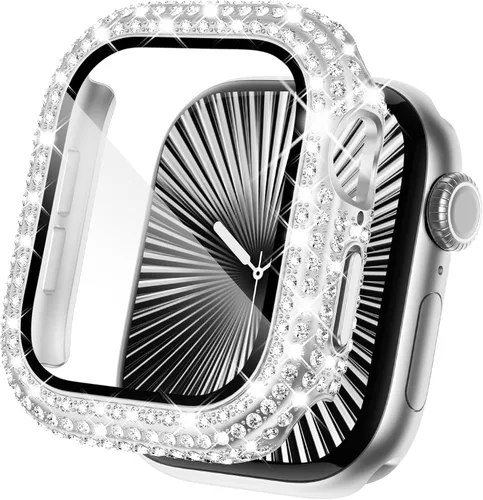 Vista 10 de KADES - Funda protectora completa compatible con iWatch, con protector de pantalla de vidrio templado incorporado, brillante y con diamantes de Negro