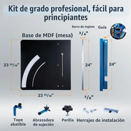 Vista 2 de POWERTEC 71403 Trineo de corte transversal para sierra de mesa, plantilla para carpintería y kit de herrajes para cortes precisos