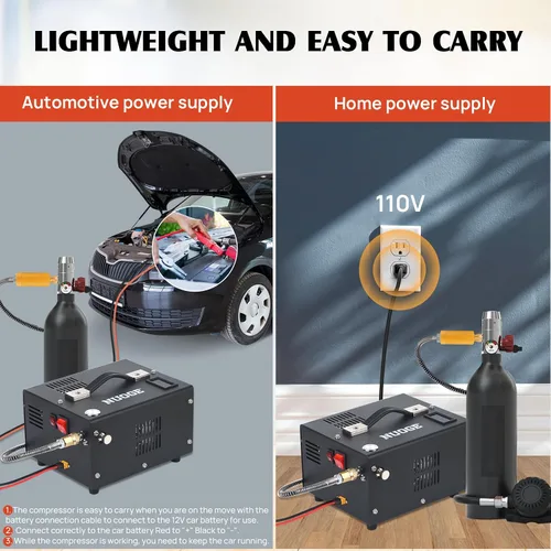 Vista 6 de Compresor de aire PCP 4500 PSI 30 MPa alimentado por automóvil de 12 V CC o hogar de 110 V CA con convertidor, bomba compresora de tanque