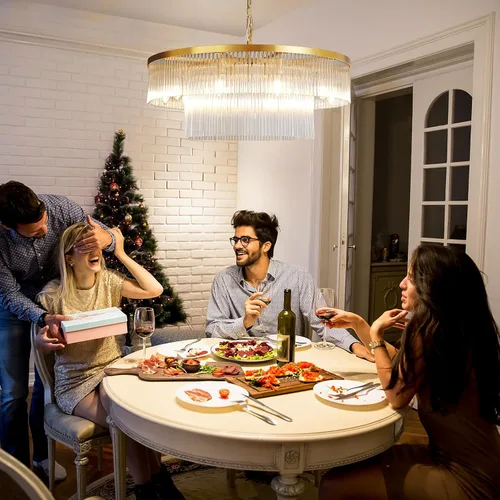 Vista 7 de Candelabros de Vidrio, Candelabro de Latón de Dos Niveles con 10 Luces de 31.5" para Sala de Estar, Candelabros Modernos Redondos de Gran