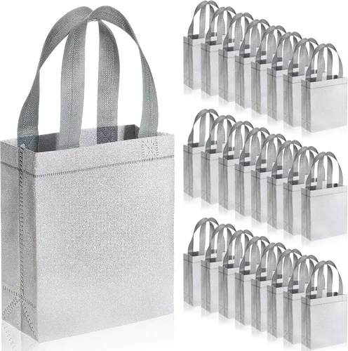 Vista 9 de Woanger Paquete de 48 bolsas de regalo con purpurina con asa, reutilizables, no tejidas, con purpurina para bodas, cumpleaños, despedidas de Negro