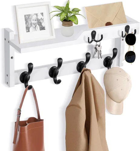 Vista 7 de dreampossible Perchero de pared con estante, perchero de pared con ganchos para llaves y soporte para correo, estante flotante de entrada de madera