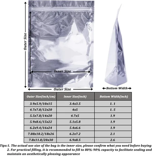 Vista 3 de Paquete de 100 bolsas de Mylar para almacenamiento de alimentos, papel de aluminio resellable, bolsa transparente de pie con ventana frontal de 3.94