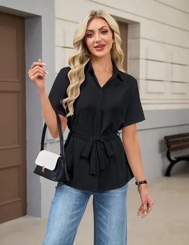 Vista 4 de Blooming Jelly Camisa con botones para mujer, cuello con lazo, manga corta, casual, para negocios, blusa de trabajo a la moda de verano