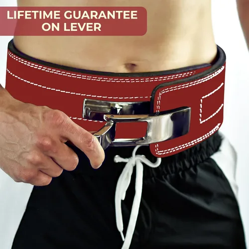 Vista 5 de Cinturón para levantamiento de peso con hebilla palanca, 0.4 pulgadas de FlexzFitness, Rojo