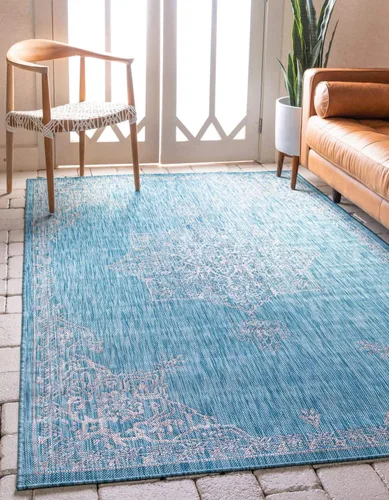 Vista 31 de Unique Loom Alfombra de la colección tradicional para exteriores, antigua (4 pies 1 pulgada, redonda, verde azulado/gris)