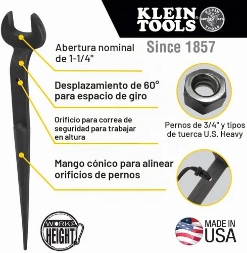 Vista 2 de KLEIN TOOLS 3212TT Llave de boca abierta de construcción con orificio para amarrar, fabricada en EE. UU., apertura nominal de 1-1/4 pulgadas, perno