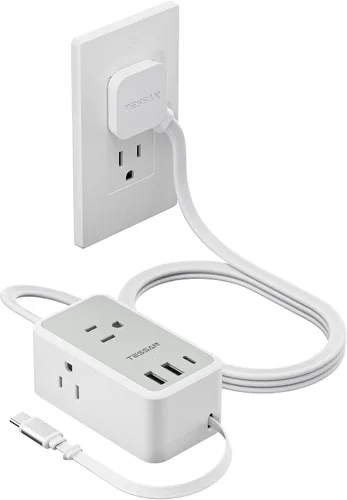 Vista 7 de TESSAN - Tira de alimentación de enchufe plano pequeña, cable de extensión ultrafino de 5 pies, color negro