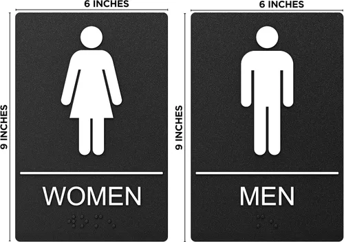 Vista 2 de Letreros de baño, letrero de baño para negocios, para hombres y mujeres, 9 x 6 pulgadas, cumple con la ADA con Braille, adhesivos fuertes de doble