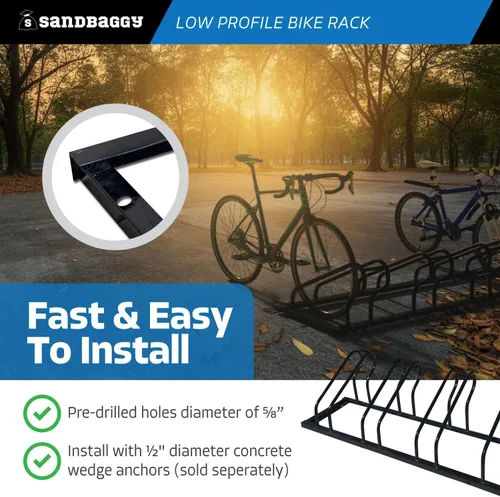 Vista 6 de Sandbaggy Portabicicletas comercial de perfil bajo, para exteriores, montaje en superficie, acero - 4 bicicletas (4 de capacidad (perfil bajo), 1)