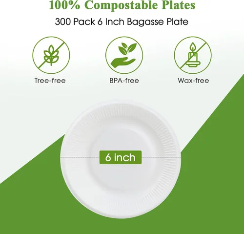 Vista 3 de Vplus Platos de papel pequeños 100% compostables, paquete de 300 platos de papel desechables de 6 pulgadas, biodegradables sin recubrimiento, hechos