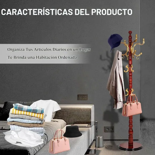 Vista 3 de Percheros de pie con 14 ganchos, perchero de madera natural con base redonda sólida, percheros de altura ajustable, fácil montaje para pasillo