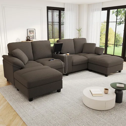 Vista 21 de Sofá seccional de gran tamaño de 142 pulgadas con 2 otomanas y consolas de almacenamiento móviles, sofá modular de felpilla en forma de U de 6