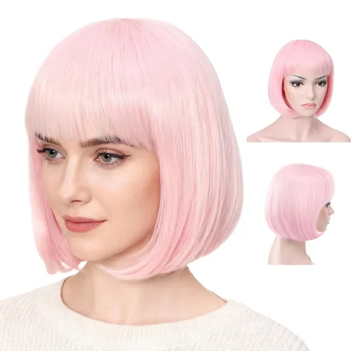 Vista 21 de Onedor - Peluca de cabello corto y recto de 10 pulgadas para cosplay, peluca Bob (Negro)