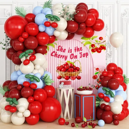 Vista 9 de Kit de arco de guirnalda de globos de cerezo rojo y negro, globos de papel