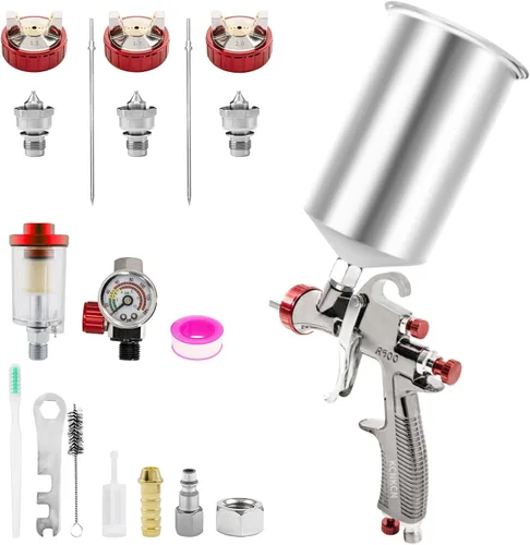 Vista 7 de R500 Pistola de rociado de aire LVLP, con boquillas de 1.3/1.7/2.0mm, taza de mezcla de 650ml y 10 tazas desechables, pistola pulverizadora