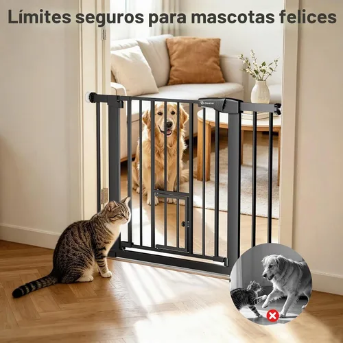 Vista 2 de COMOMY Puerta de bebé con cierre automático con puerta para gatos, puerta extra ancha para perros de 29.5 a 40.5 pulgadas para puertas de casa, Negro