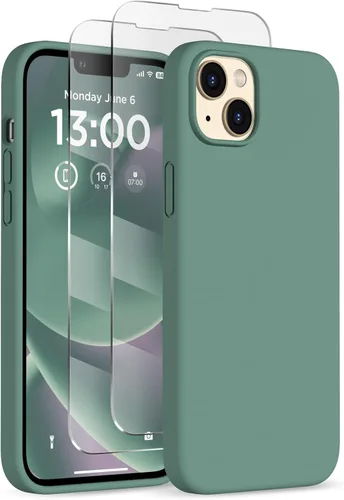 Vista 23 de Funda delgada para iPhone 13 de 6.1 pulgadas, silicona líquida a prueba de golpes, con forro de microfibra suave antiarañazos, 2 protectores