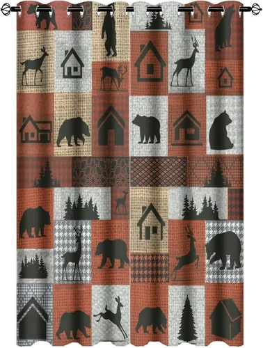 Vista 50 de Cortinas de oscurecimiento estilo campestre con osos, alces y ciervos, cortinas opacas para ventanas con ojales, tratamiento de ventanas eficiente