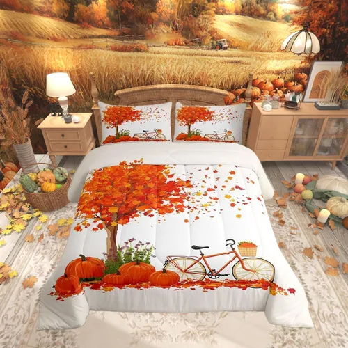 Vista 13 de Castle Fairy Juego de edredón de calabaza, hojas de arce para niños, niñas, mujeres, adultos, escena de otoño, casa de campo, edredón acolchado