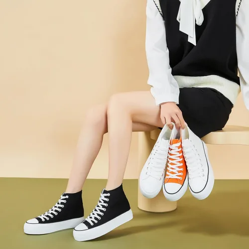 Vista 7 de POVOGER Zapatos deportivos de plataforma para mujer, zapatos de lona altos de moda, zapatos de plataforma blancos para mujer, zapatos casuales