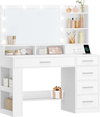 Vista 12 de Escritorio de tocador con espejo HD, tocador de maquillaje con luces LED, 3 niveles de brillo ajustable, mesa de vestir con estanterías ocultas