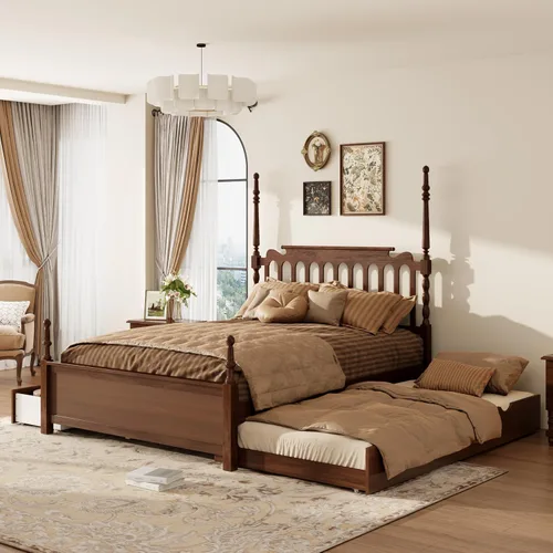 Vista 4 de MERITLINE Cama de plataforma tamaño Queen con cama nido individual XL y 2 cajones de almacenamiento, marco de cama de plataforma de madera maciza