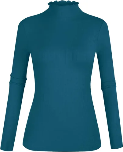 Vista 24 de POPZONE - Camiseta de manga larga con cuello alto falso, ajustada, de punto acanalado con ribete de lechuga para mujer