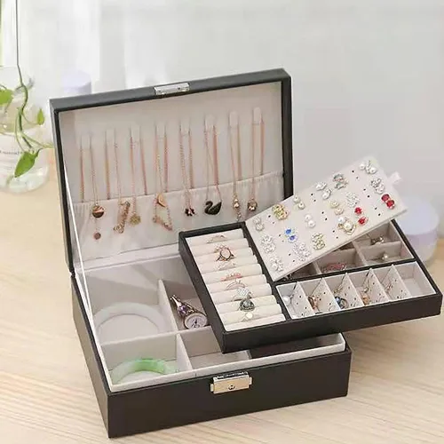 Vista 2 de SHZICMY Joyero para mujeres y niñas, 2 capas de piel sintética, organizador de joyas con cerradura con bandeja extraíble, soporte de exhibición