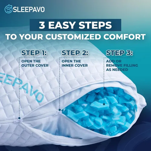 Vista 5 de Sleepavo Juego de 2 almohadas ajustables de espuma viscoelástica trituradas tamaño Queen, almohadas refrescantes extra suaves para dormir, espalda