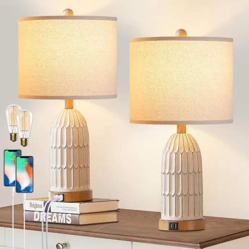 Vista 13 de Touch Table Lamp for Bedroom Nightstand, Cream Farmhouse Vintage Rustic 3-Way Dimmable Bedside Lamps with 2 USB Charging Ports,Single Cream