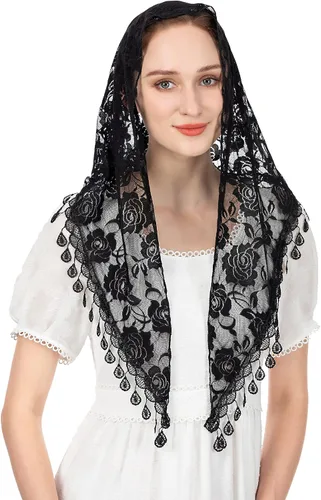 Vista 2 de Wgior Velos triangulares para iglesia, velos de capilla de encaje, masas católicas, bufanda, velos de mantilla para mujer