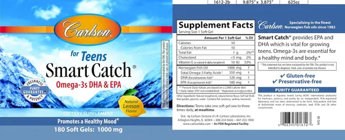 Vista 3 de Carlson Teen's Smart Catch, limón natural, 700 mg, 180 geles blandos (350 mg por gel suave)